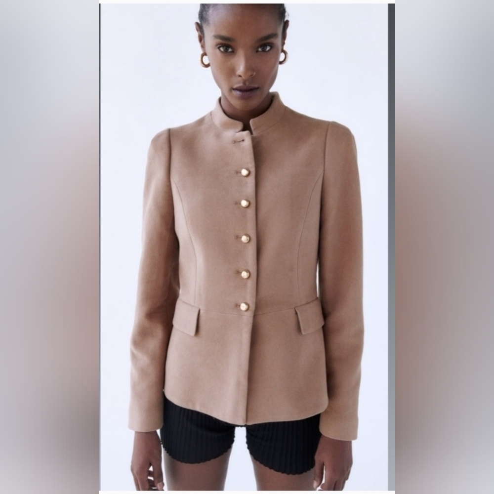Zara ,camel color,wool blazer with bronze color buttons